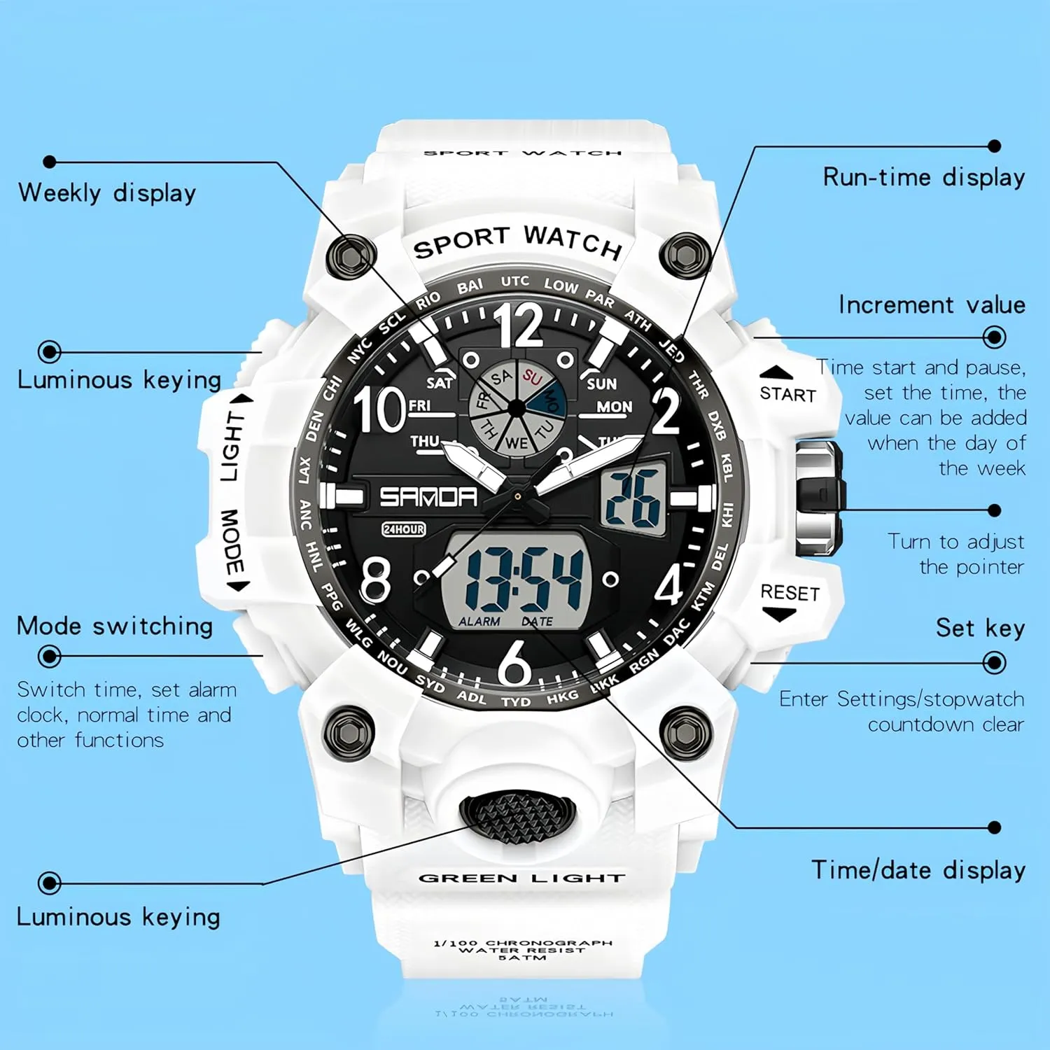 Gosasa Womens Digital Sports Watch 5ATM Waterproof Watch LED Light Large Face Analog Multifunctional Wrist Watches with Alarm Stopwatch Calendar Hourly Chime
