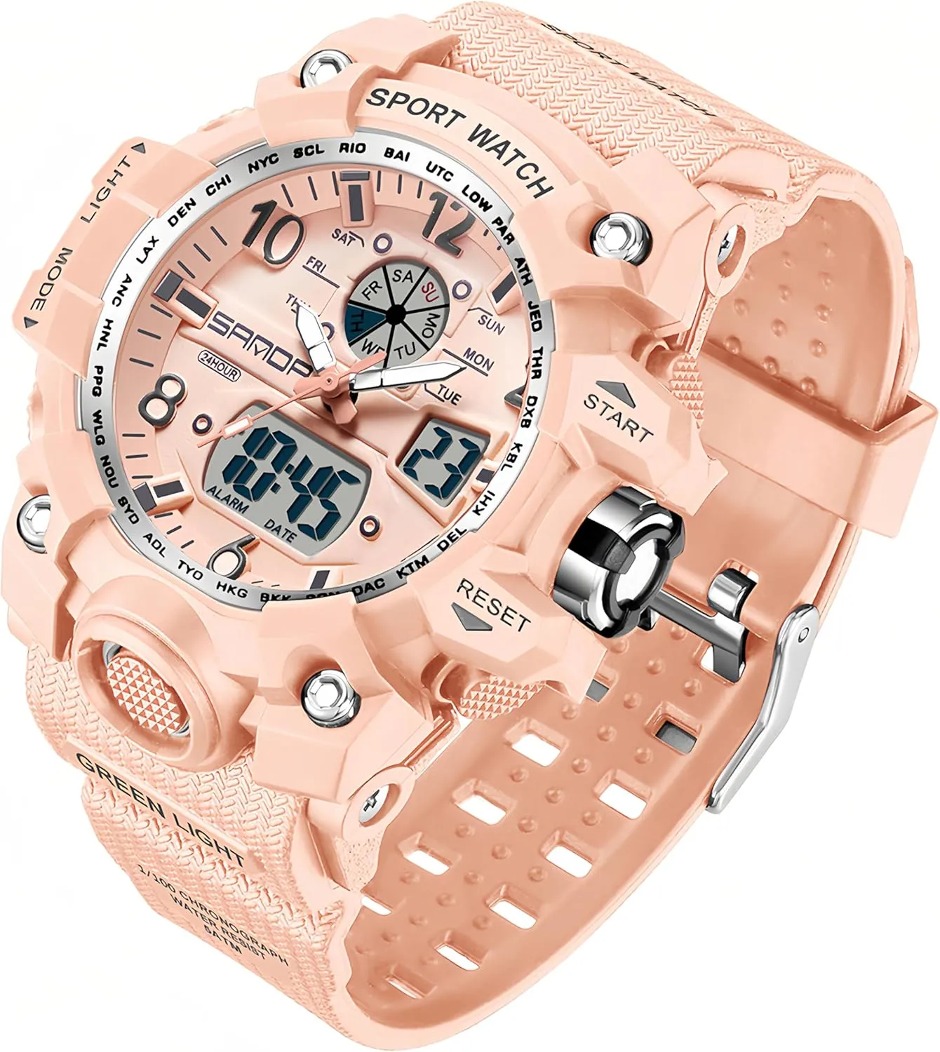 Gosasa Womens Digital Sports Watch 5ATM Waterproof Watch LED Light Large Face Analog Multifunctional Wrist Watches with Alarm Stopwatch Calendar Hourly Chime
