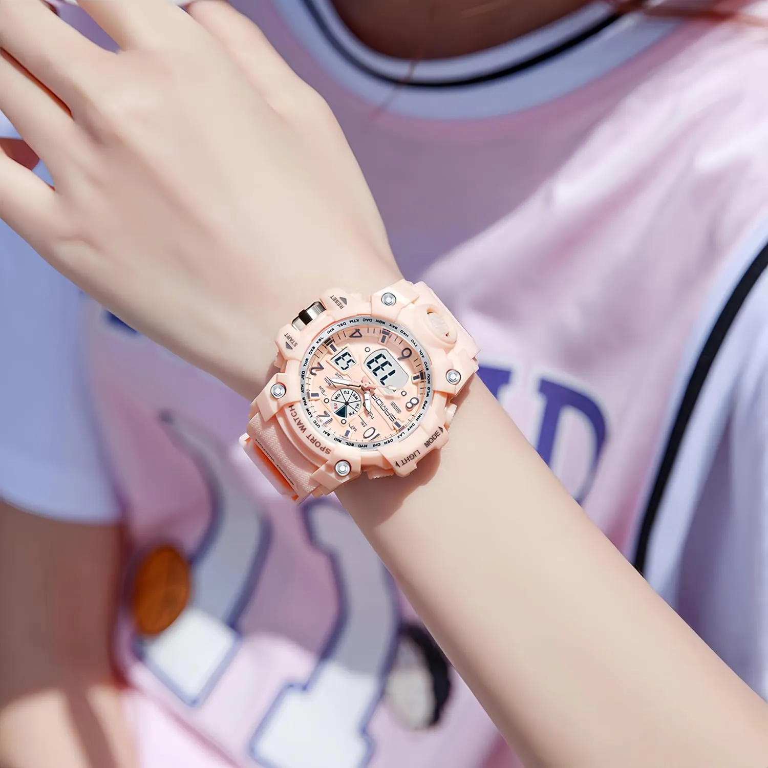 Gosasa Womens Digital Sports Watch 5ATM Waterproof Watch LED Light Large Face Analog Multifunctional Wrist Watches with Alarm Stopwatch Calendar Hourly Chime