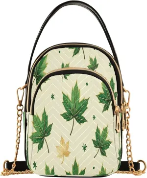 Green Maple Leaf Small Crossbody Bag Functional Multi Pocket Bag Shoulder Handbag