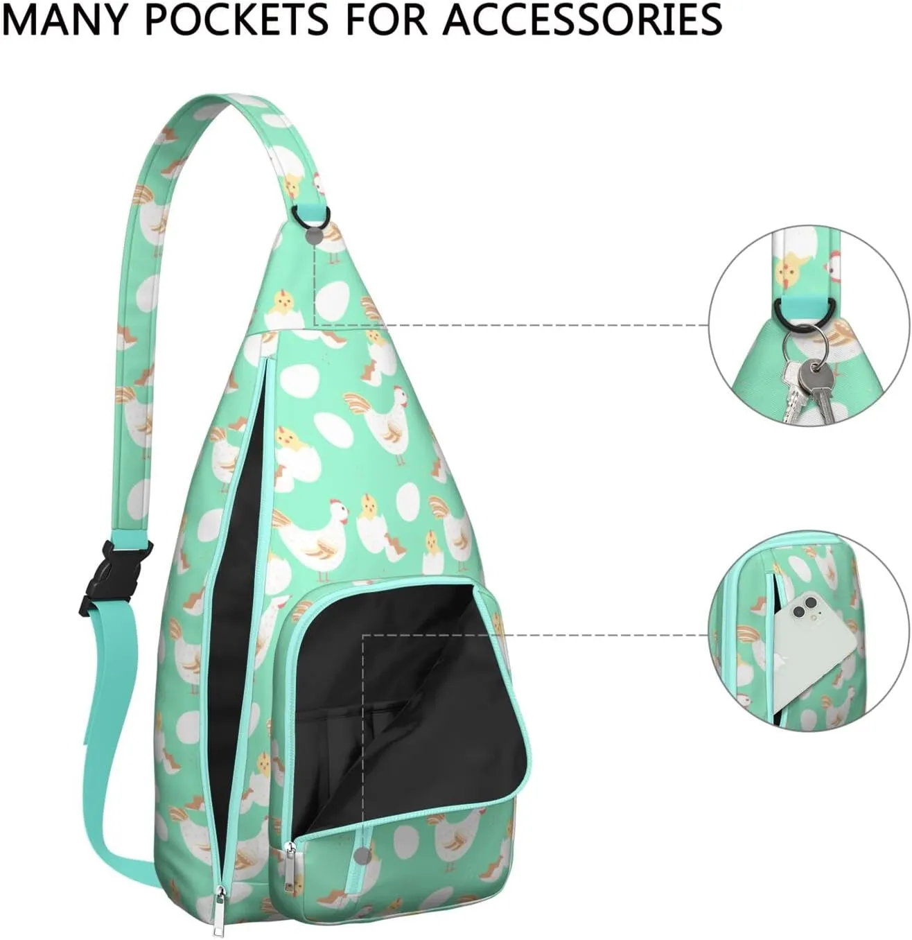 Green Rooster and Newborn Chick Crossbody Bag Daypack for Women Men Lightweight Waterproof Sling Bag Backpack Hiking Cycling