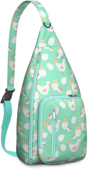 Green Rooster and Newborn Chick Crossbody Bag Daypack for Women Men Lightweight Waterproof Sling Bag Backpack Hiking Cycling
