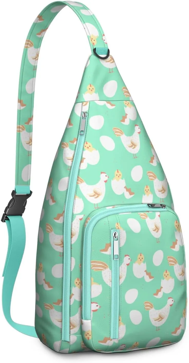 Green Rooster and Newborn Chick Crossbody Bag Daypack for Women Men Lightweight Waterproof Sling Bag Backpack Hiking Cycling