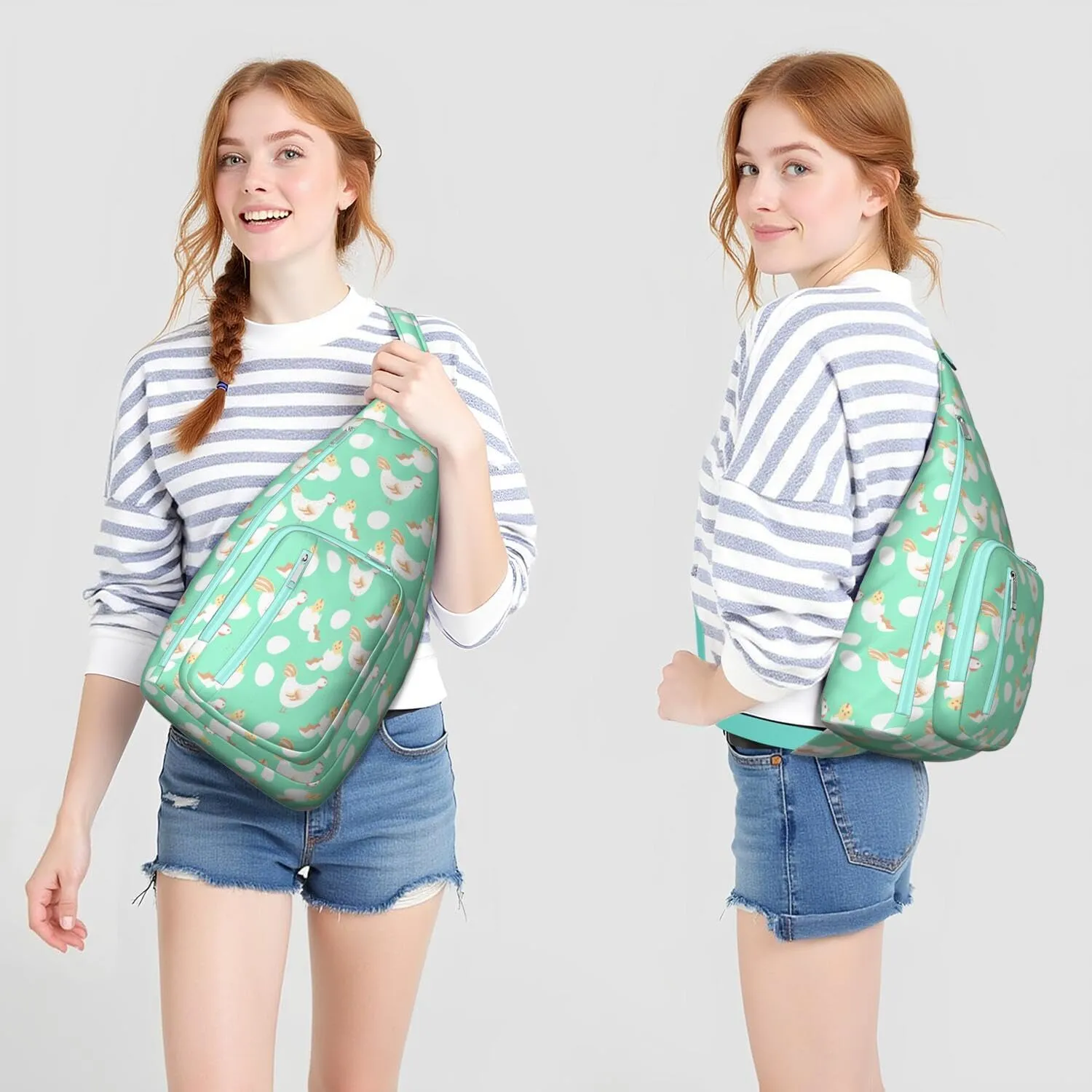 Green Rooster and Newborn Chick Crossbody Bag Daypack for Women Men Lightweight Waterproof Sling Bag Backpack Hiking Cycling