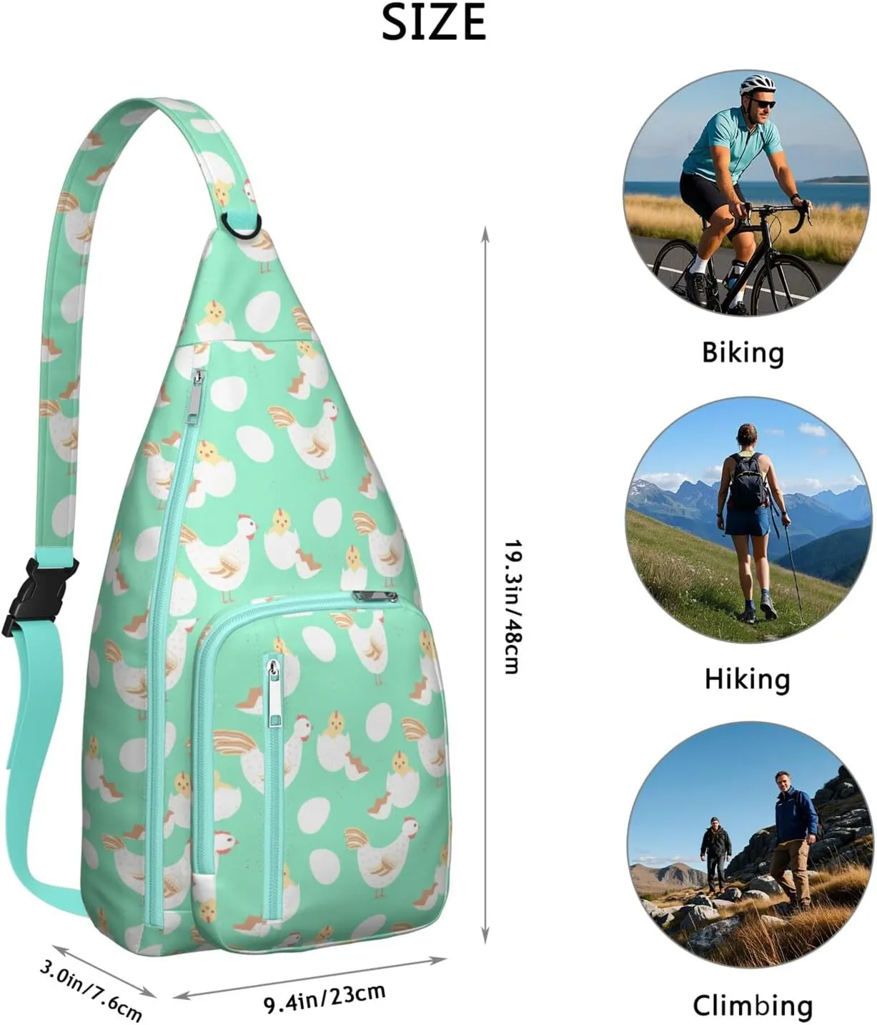 Green Rooster and Newborn Chick Crossbody Bag Daypack for Women Men Lightweight Waterproof Sling Bag Backpack Hiking Cycling