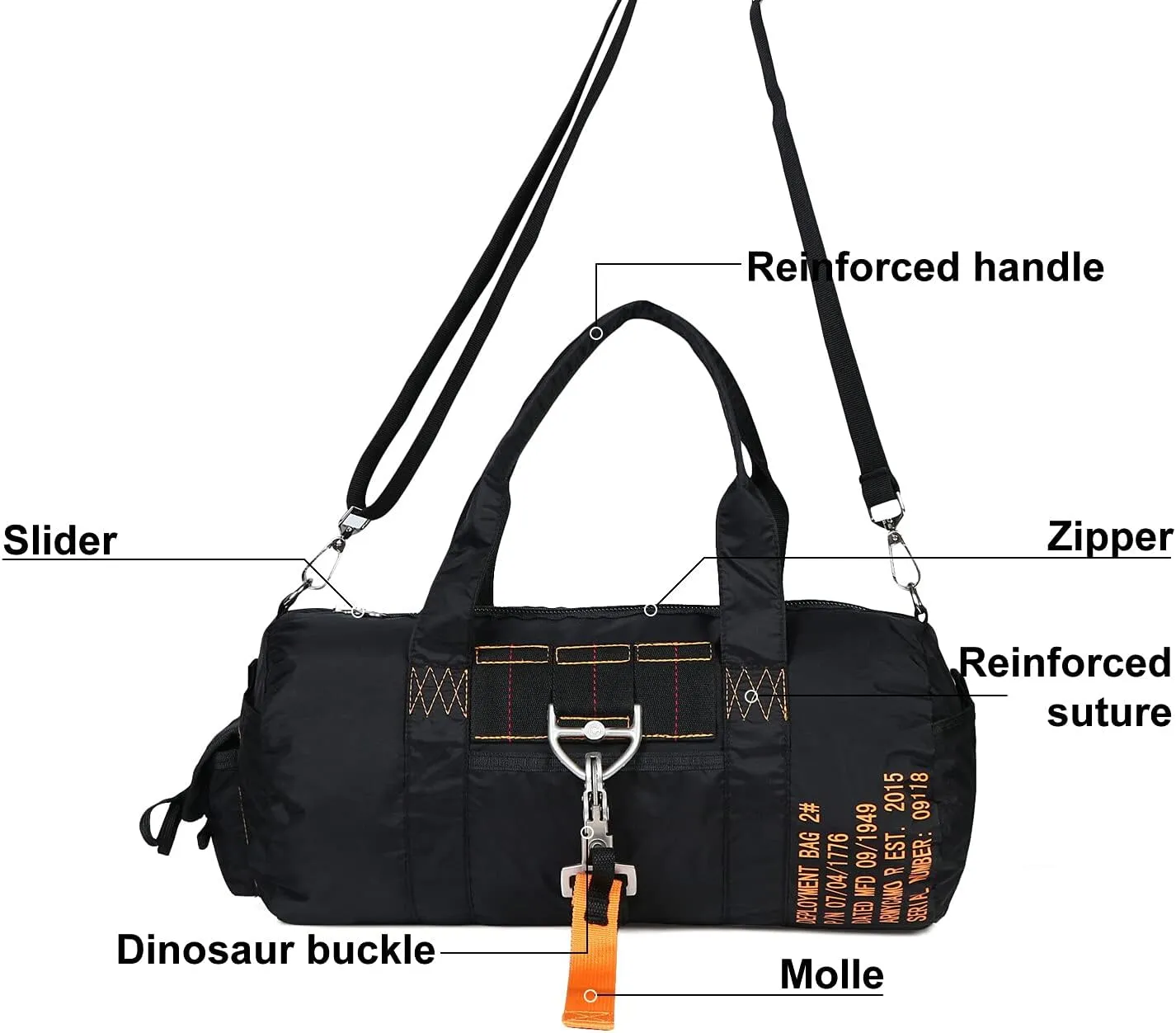 Greencity Small Gym Bag Travel Duffel Bag Sports Tote Tactical Parachute Weekender Work Out Bags for Women & Men Waterproof Lightweight,Black