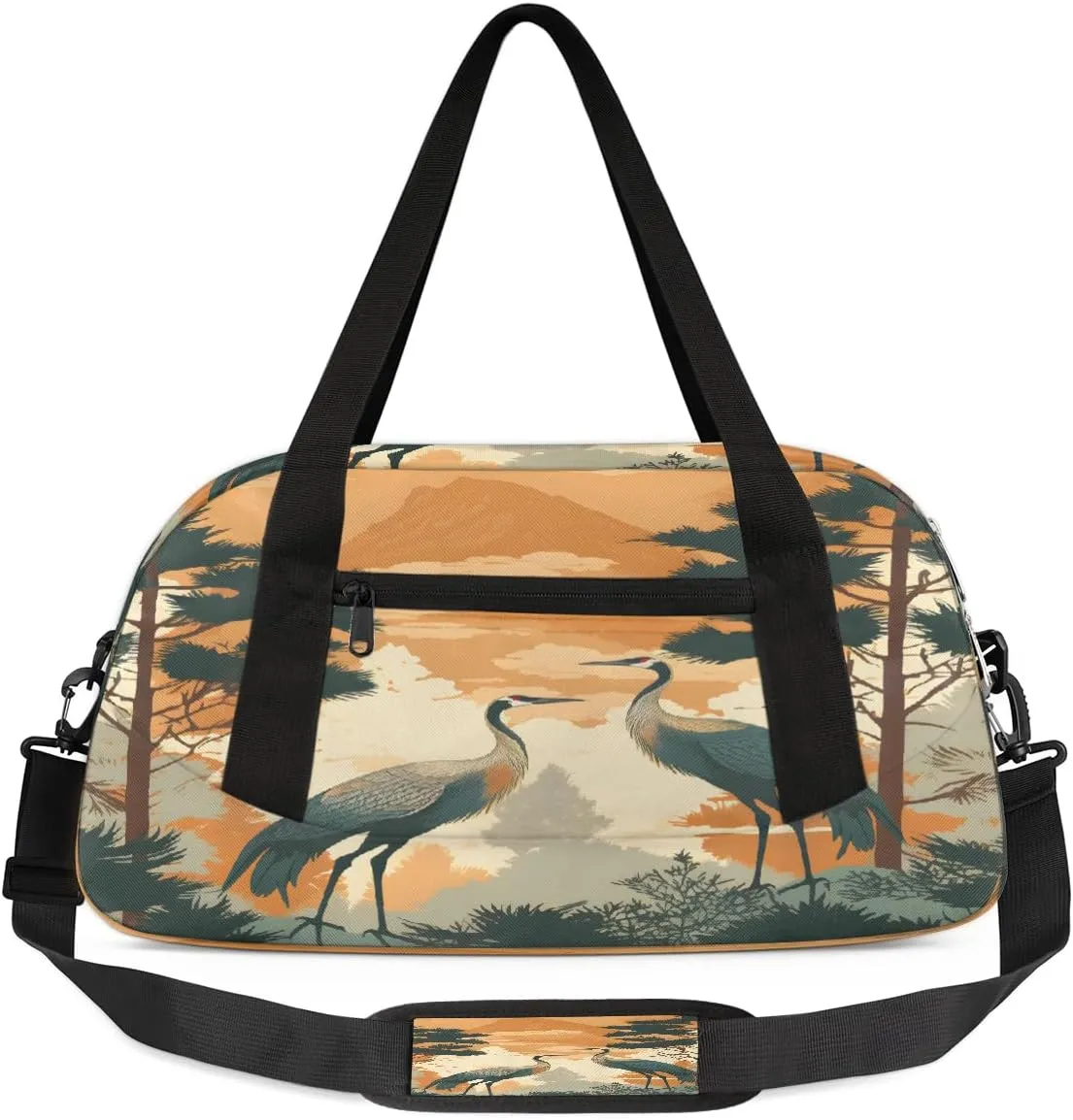 Gym Bag, Chinese Pine Trees And Crane Flying Duffle Bag for Travel with Zipper Pocket, Waterpoof Foldable Overnight Bag for Women Man