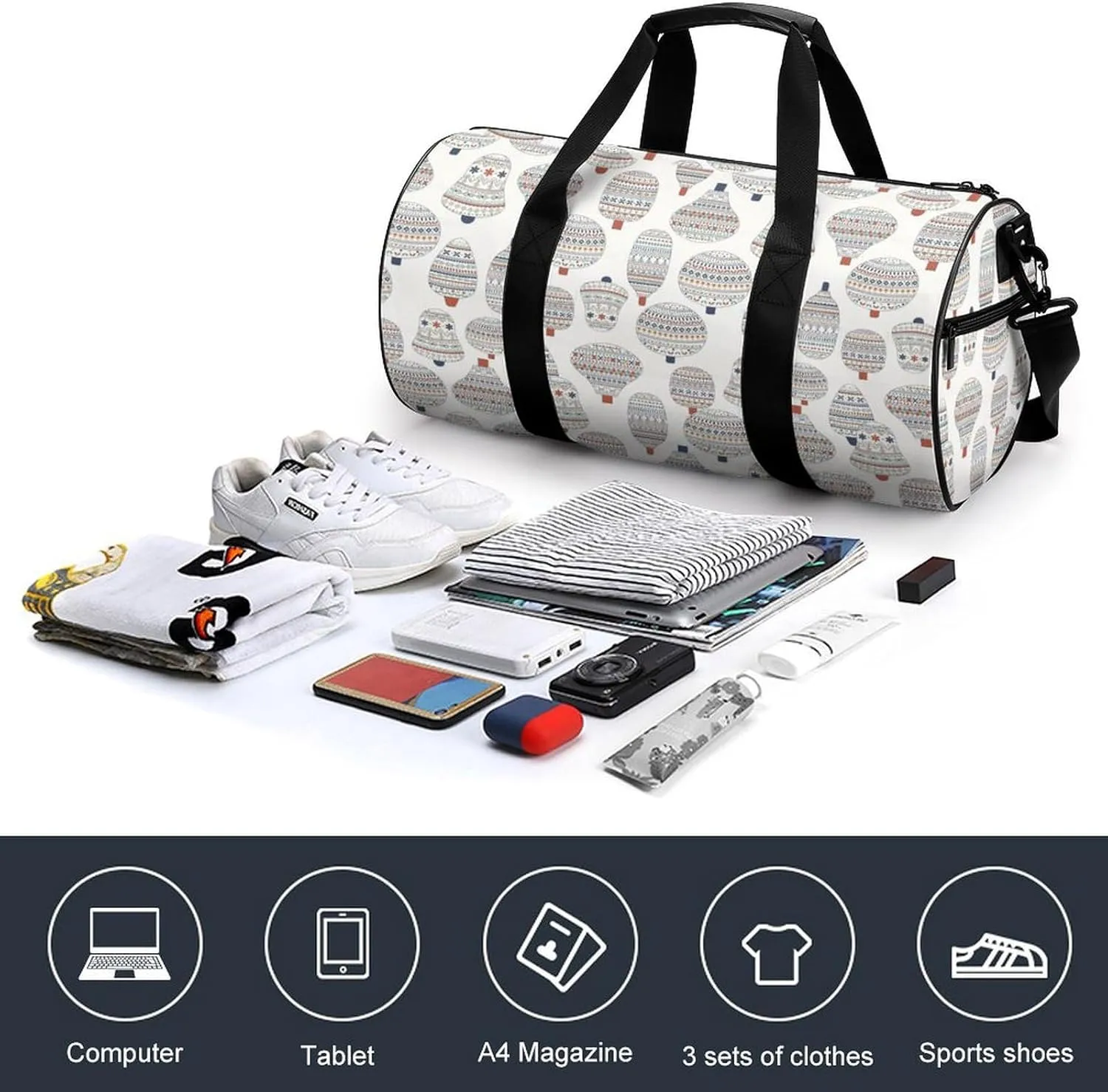 Gym Bag for Men Women Lightweight Sports Duffle Bag with Multiple Compartments Cylindrical Gym Bag for Fitness Travel And Outdoor Activities Ater Resistant Yoga Bag Training Bag Ethnic Stripes