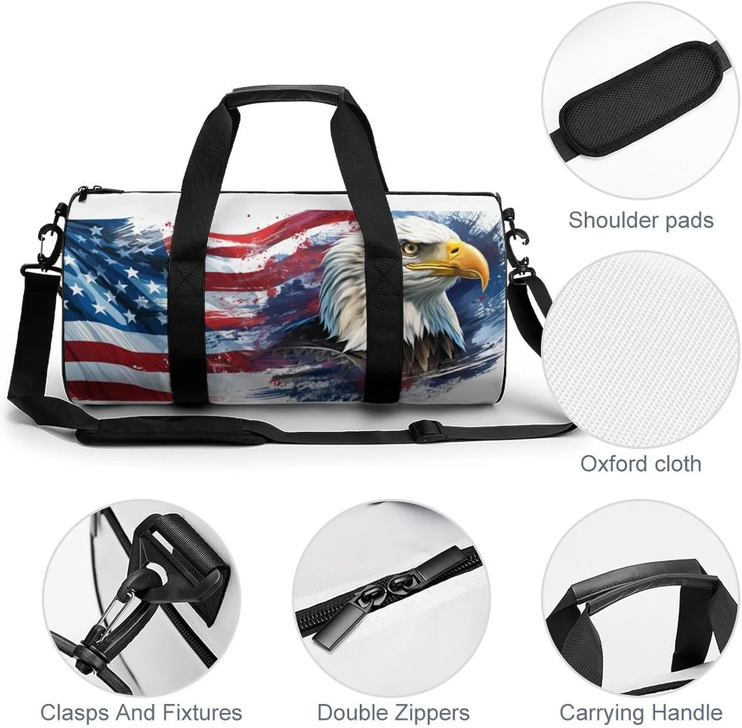 Gym Bag for Men Women Lightweight Sports Duffle Bag with Multiple Compartments Cylindrical Gym Bag for Fitness Travel And Outdoor Activities Ater Resistant Yoga Bag Training Bag Flag Eagle