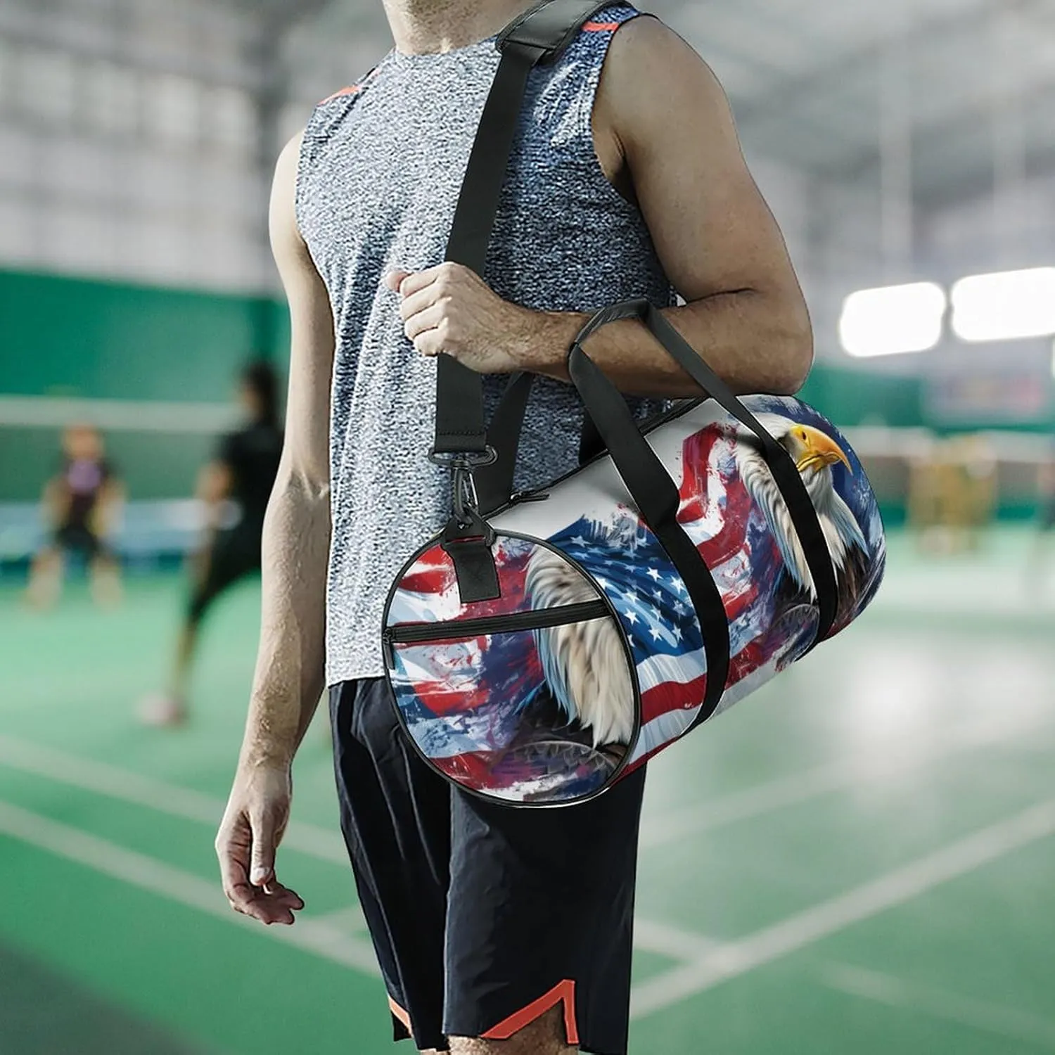 Gym Bag for Men Women Lightweight Sports Duffle Bag with Multiple Compartments Cylindrical Gym Bag for Fitness Travel And Outdoor Activities Ater Resistant Yoga Bag Training Bag Flag Eagle