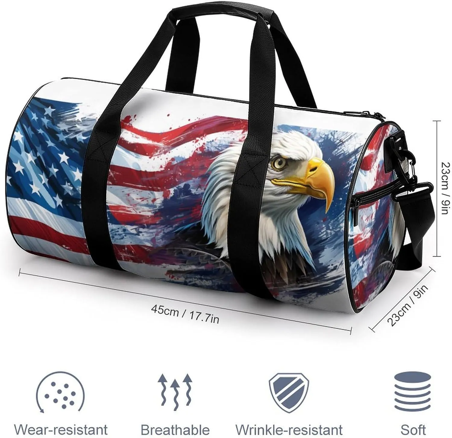 Gym Bag for Men Women Lightweight Sports Duffle Bag with Multiple Compartments Cylindrical Gym Bag for Fitness Travel And Outdoor Activities Ater Resistant Yoga Bag Training Bag Flag Eagle