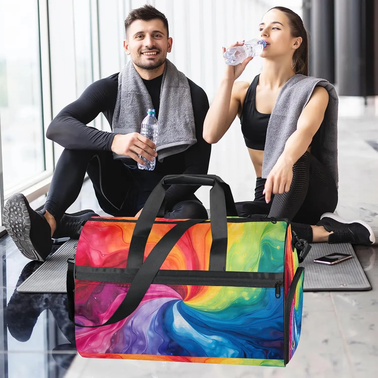 Gym Bag for Women Men Art Colorful Ripple Travel Duffle Bag with Shoe Compartment Waterproof Sports Tote Bags Large Overnight Weekender Bags for Travel Swimming Gym Yoga Dance