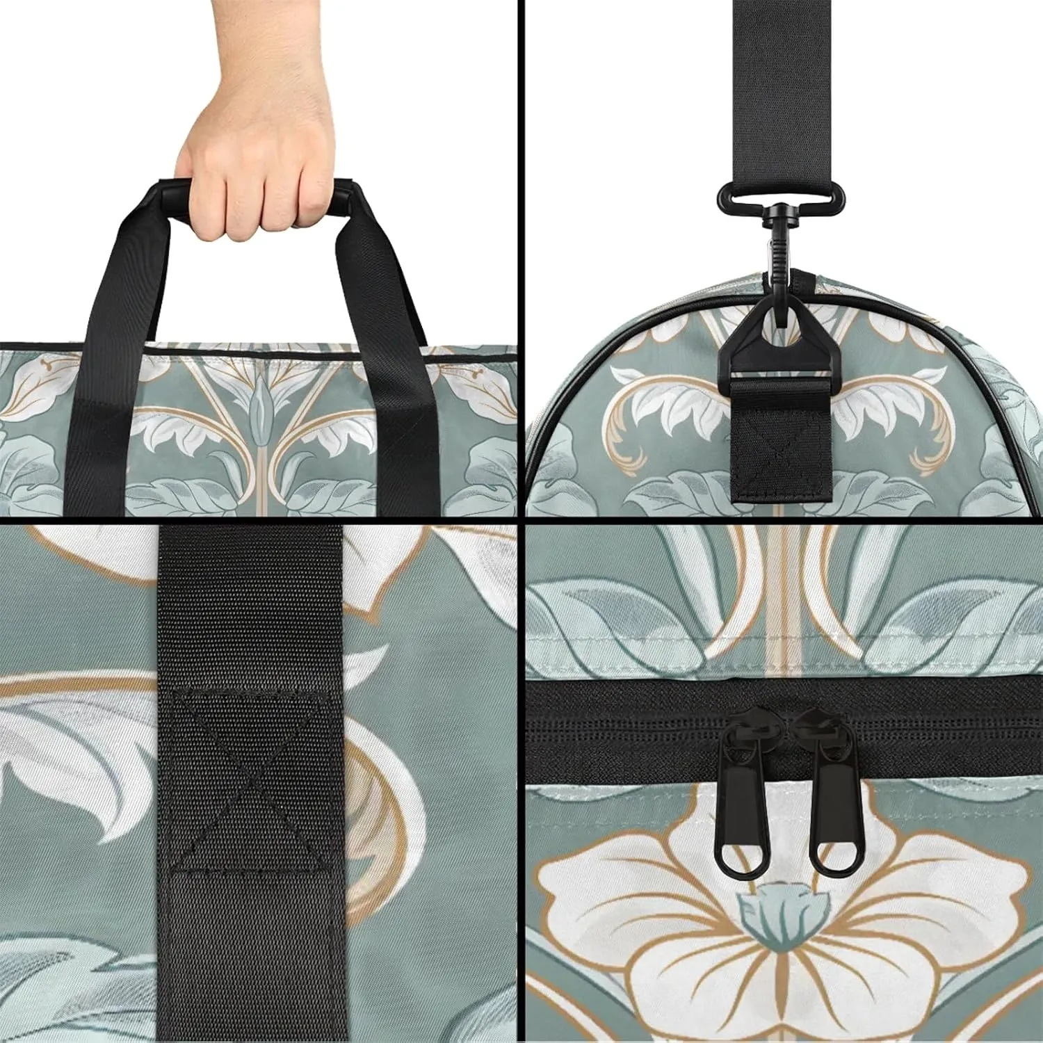 Gym Bag for Women Men French Flower Leaves Travel Duffle Bag with Shoe Compartment Waterproof Sports Tote Bags Large Overnight Weekender Bags for Travel Swimming Gym Yoga Dance