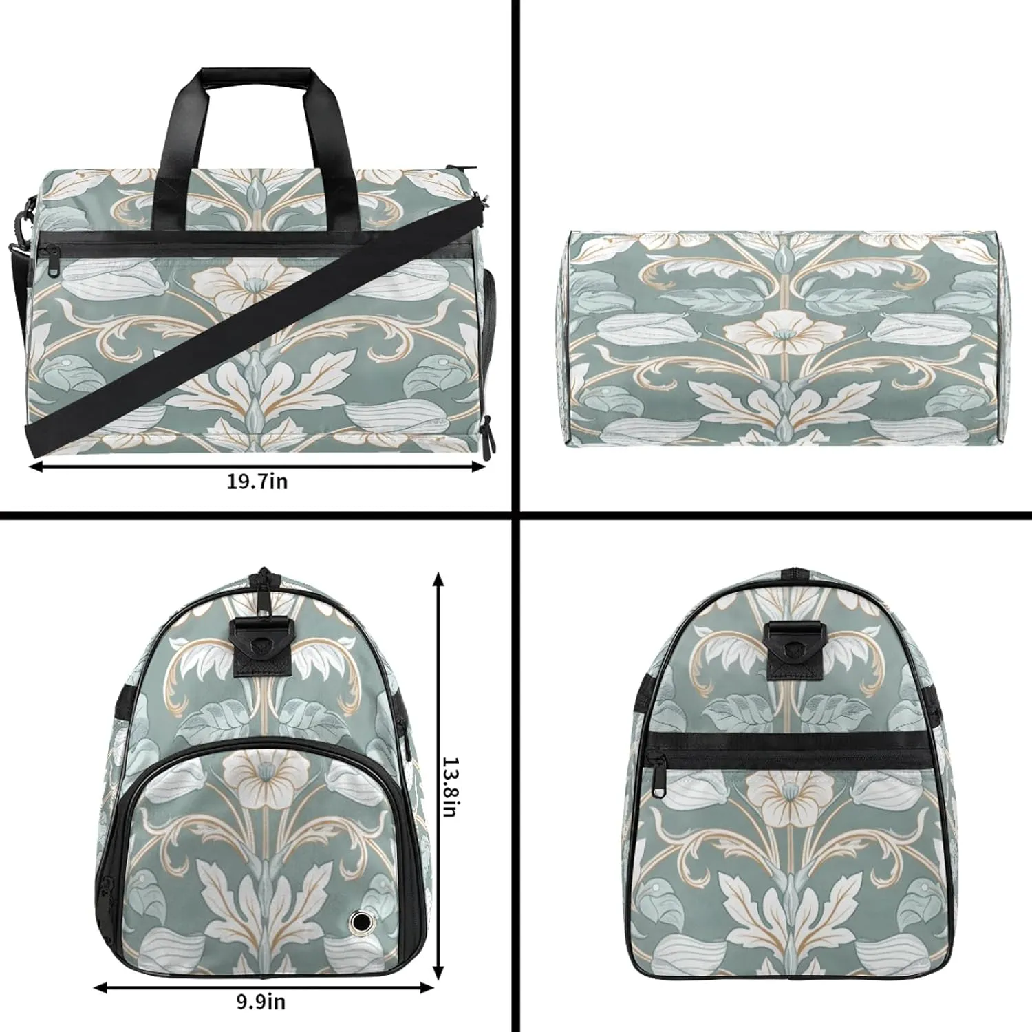 Gym Bag for Women Men French Flower Leaves Travel Duffle Bag with Shoe Compartment Waterproof Sports Tote Bags Large Overnight Weekender Bags for Travel Swimming Gym Yoga Dance