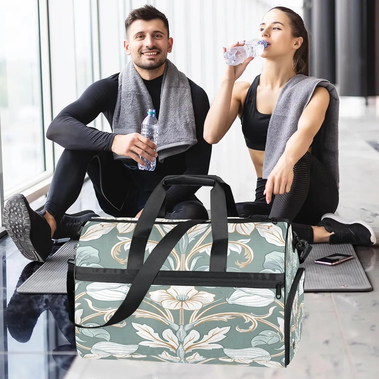 Gym Bag for Women Men French Flower Leaves Travel Duffle Bag with Shoe Compartment Waterproof Sports Tote Bags Large Overnight Weekender Bags for Travel Swimming Gym Yoga Dance