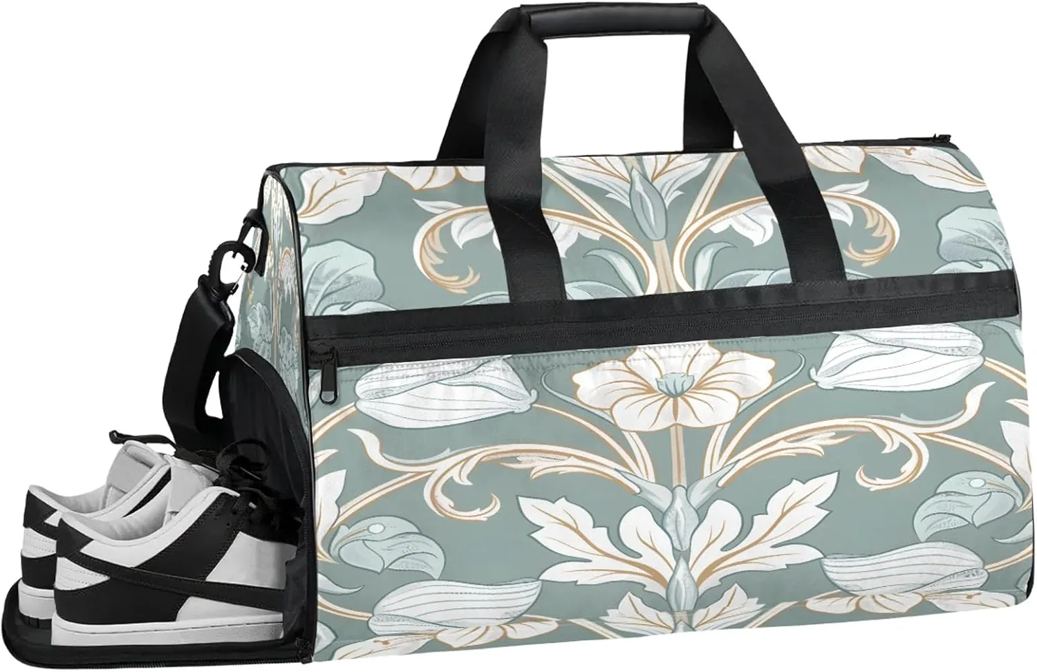 Gym Bag for Women Men French Flower Leaves Travel Duffle Bag with Shoe Compartment Waterproof Sports Tote Bags Large Overnight Weekender Bags for Travel Swimming Gym Yoga Dance