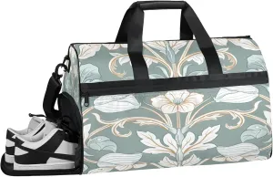 Gym Bag for Women Men French Flower Leaves Travel Duffle Bag with Shoe Compartment Waterproof Sports Tote Bags Large Overnight Weekender Bags for Travel Swimming Gym Yoga Dance