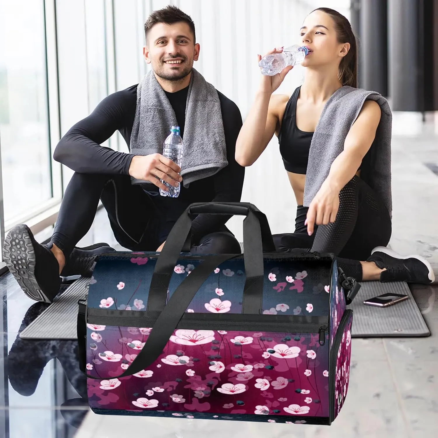 Gym Bag for Women Men Pink Watercolor Flower Travel Duffle Bag with Shoe Compartment Waterproof Sports Tote Bags Large Overnight Weekender Bags for Travel Swimming Gym Yoga Dance