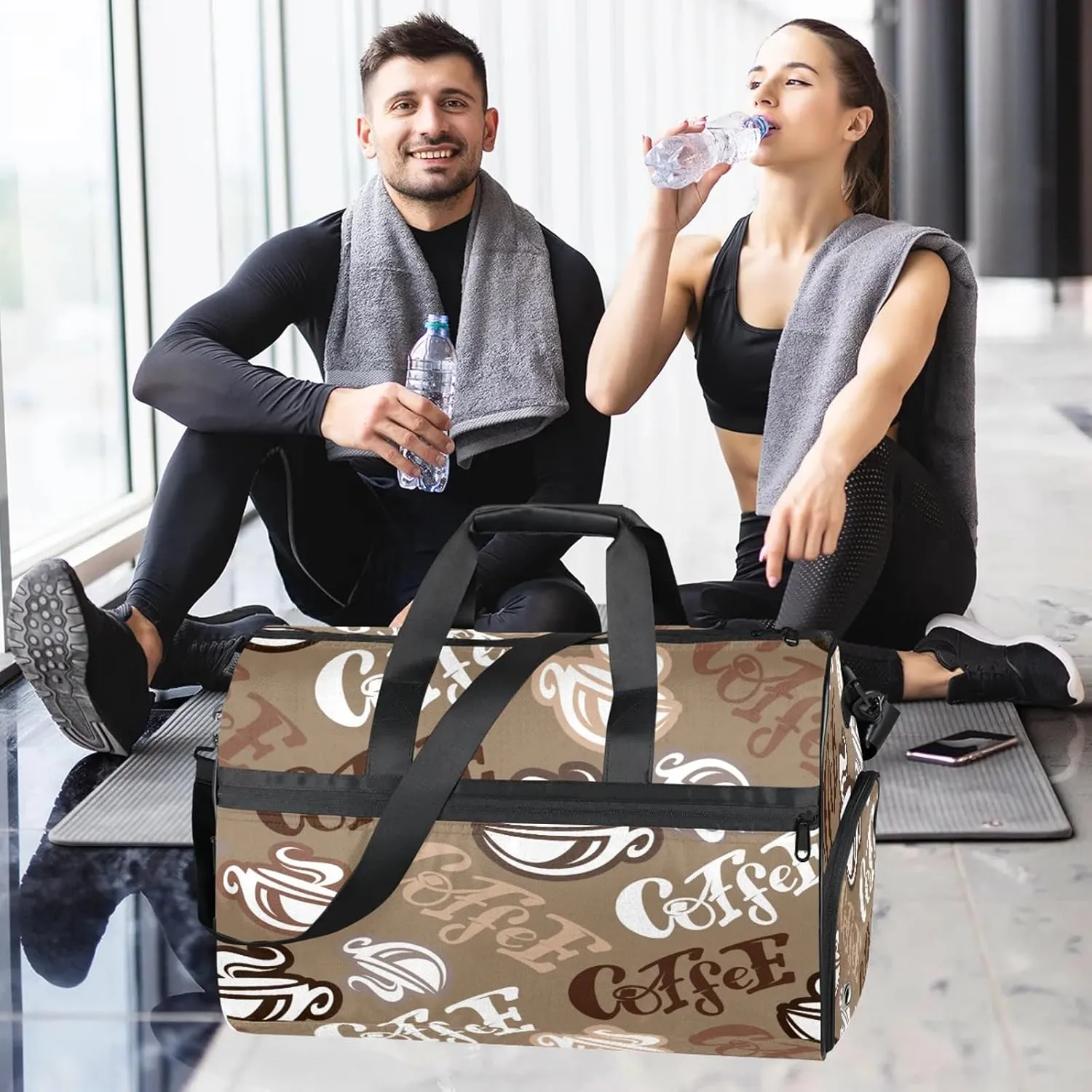Gym Bag for Women Men Retro Modern Letters Coffee Travel Duffle Bag with Shoe Compartment Waterproof Sports Tote Bags Large Overnight Weekender Bags for Travel Swimming Gym Yoga Dance