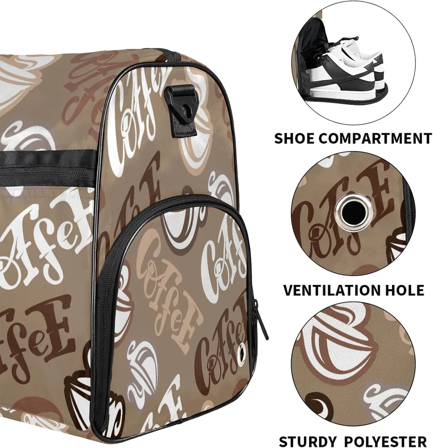 Gym Bag for Women Men Retro Modern Letters Coffee Travel Duffle Bag with Shoe Compartment Waterproof Sports Tote Bags Large Overnight Weekender Bags for Travel Swimming Gym Yoga Dance