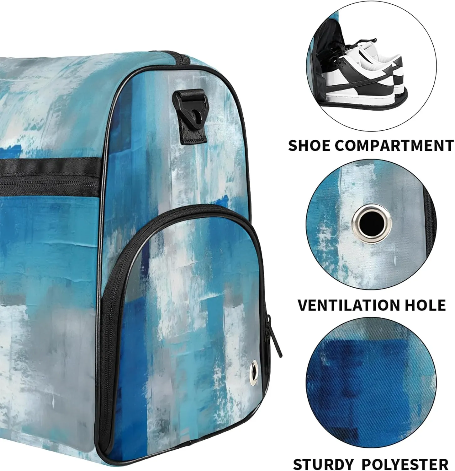 Gym Bag for Women Men Trellis Abstract Blue White Travel Duffle Bag with Shoe Compartment Waterproof Sports Tote Bags Large Overnight Weekender Bags for Travel Swimming Gym Yoga Dance