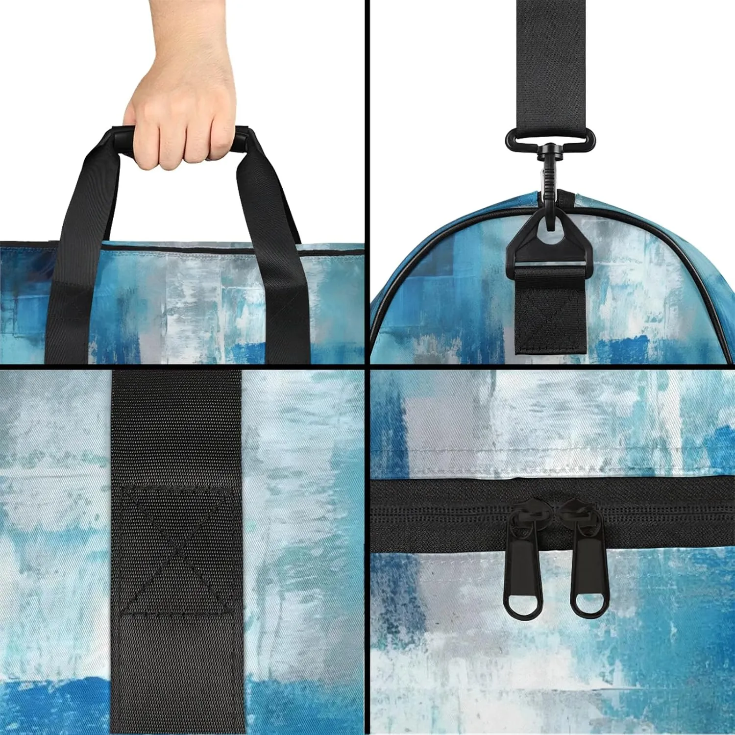 Gym Bag for Women Men Trellis Abstract Blue White Travel Duffle Bag with Shoe Compartment Waterproof Sports Tote Bags Large Overnight Weekender Bags for Travel Swimming Gym Yoga Dance