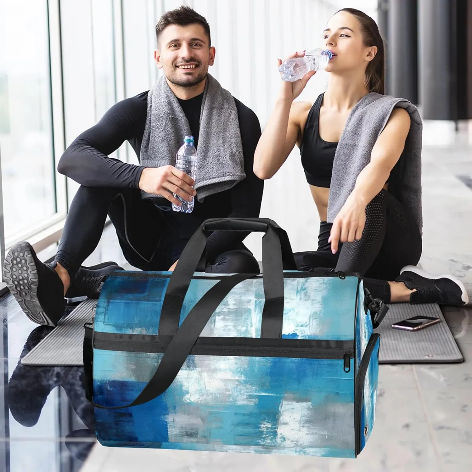 Gym Bag for Women Men Trellis Abstract Blue White Travel Duffle Bag with Shoe Compartment Waterproof Sports Tote Bags Large Overnight Weekender Bags for Travel Swimming Gym Yoga Dance