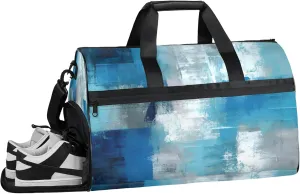 Gym Bag for Women Men Trellis Abstract Blue White Travel Duffle Bag with Shoe Compartment Waterproof Sports Tote Bags Large Overnight Weekender Bags for Travel Swimming Gym Yoga Dance