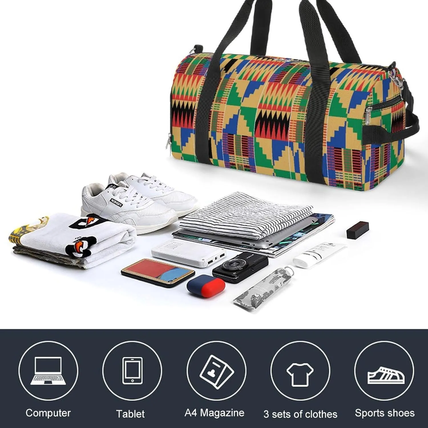 Gym Duffel Bag with Shoe Compartment Wet Pocket, African Ghanaian Traditional Travel Bag for Men Women