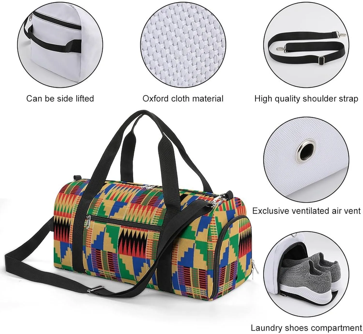 Gym Duffel Bag with Shoe Compartment Wet Pocket, African Ghanaian Traditional Travel Bag for Men Women