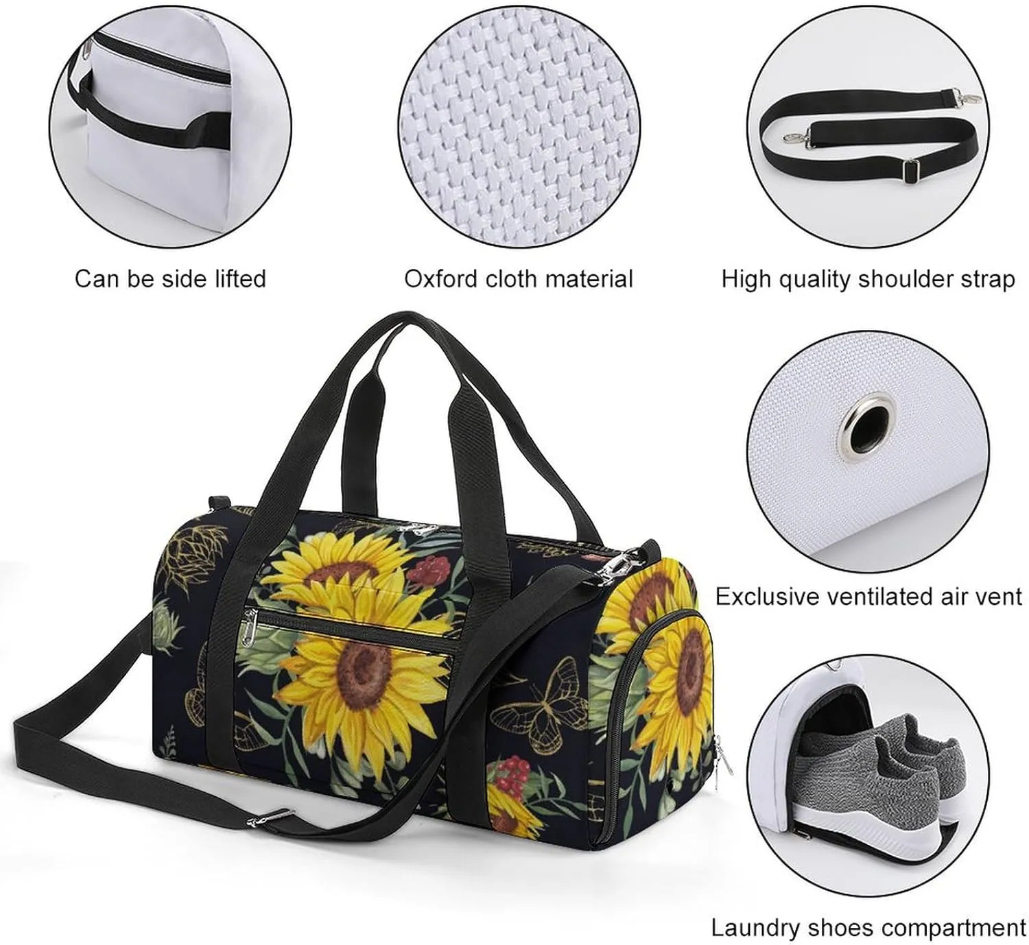 Gym Duffel Bag with Shoe Compartment Wet Pocket, Watercolor Pattern with Sunflower Bouquets Travel Bag for Men Women