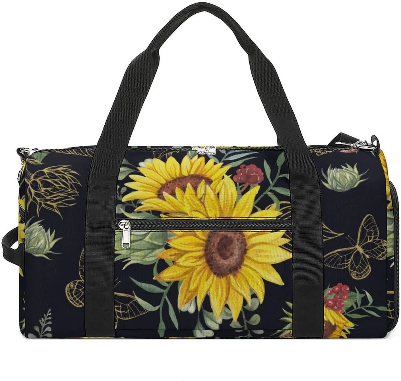 Gym Duffel Bag with Shoe Compartment Wet Pocket, Watercolor Pattern with Sunflower Bouquets Travel Bag for Men Women