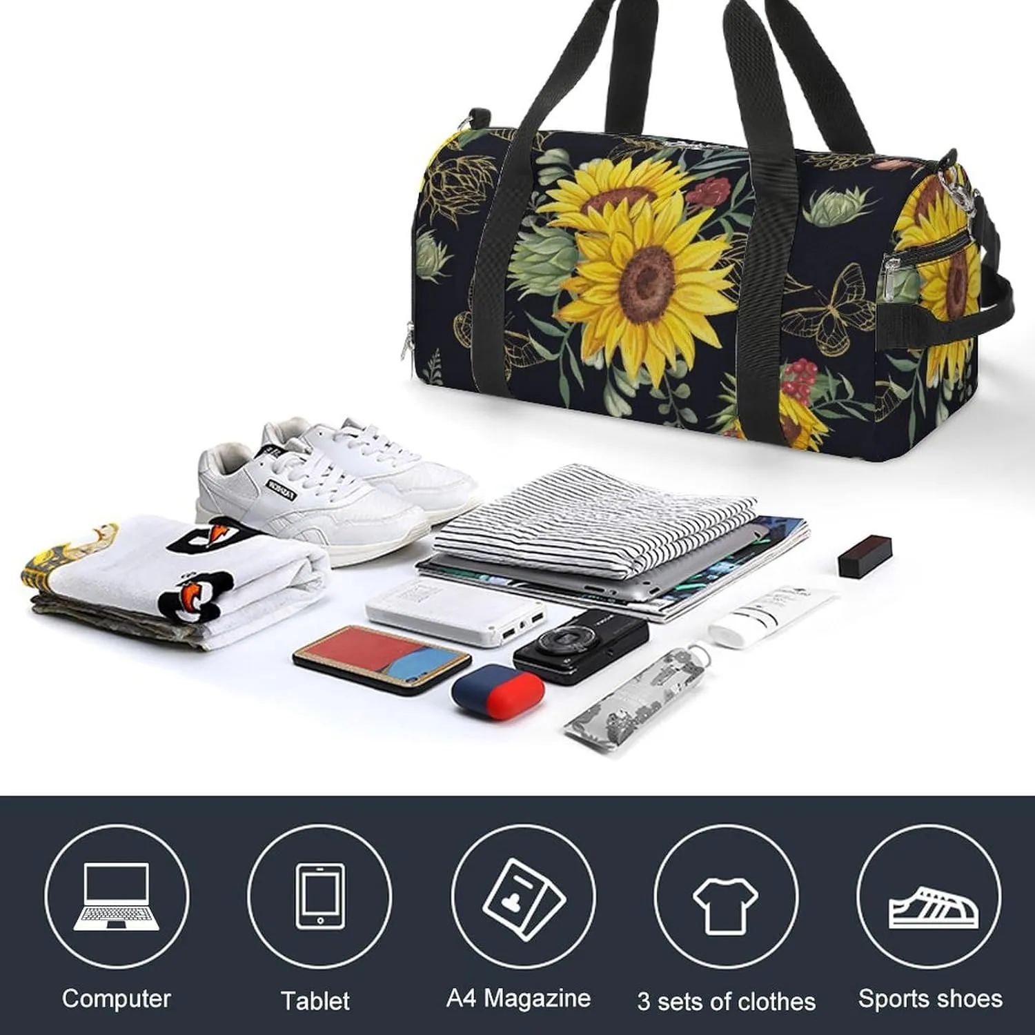 Gym Duffel Bag with Shoe Compartment Wet Pocket, Watercolor Pattern with Sunflower Bouquets Travel Bag for Men Women