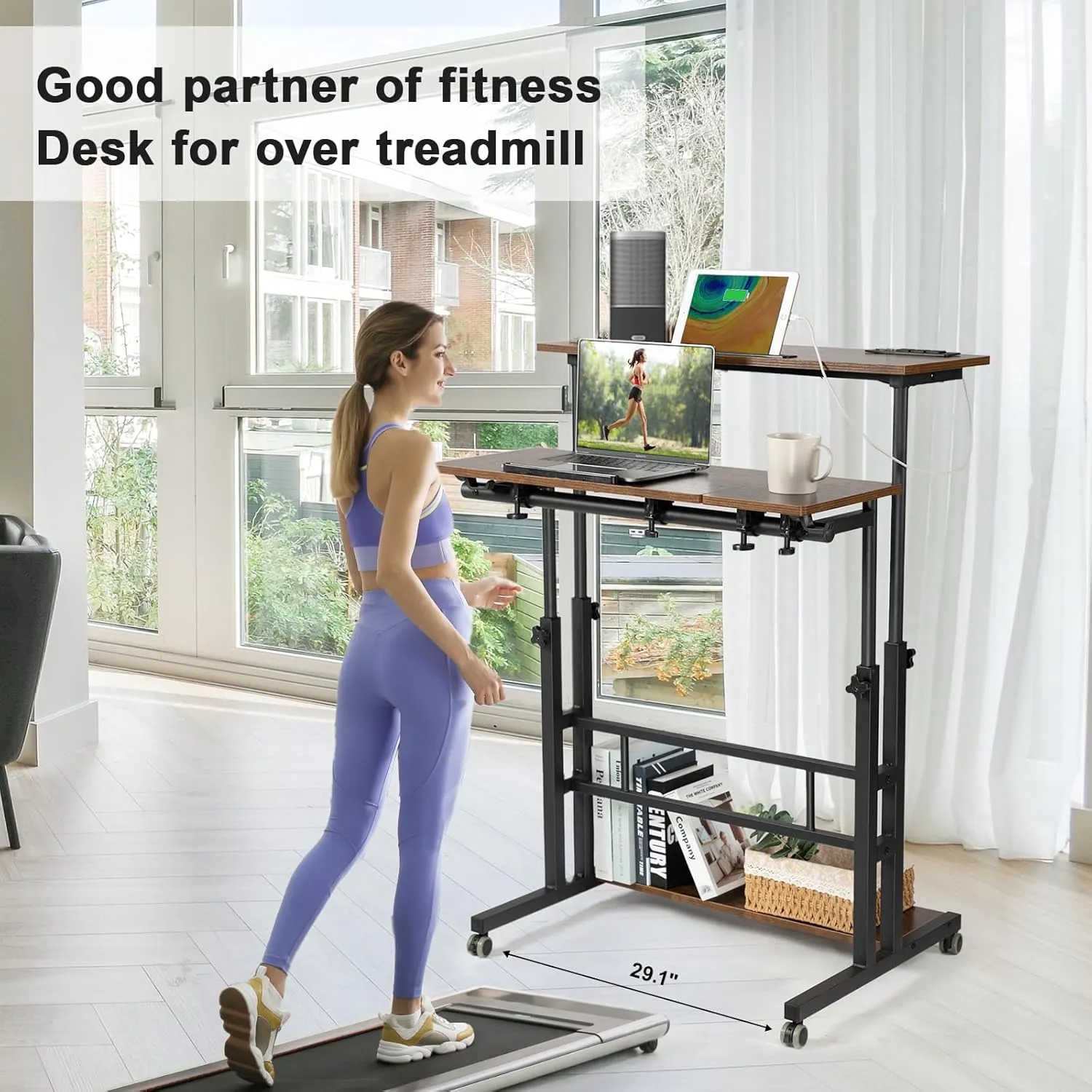 Hadulcet Mobile Standing Desk with Charging Station, Stand Up Laptop Desk Mobile Workstation for Home Office Classroom with Wheels, 31.49 x 23.6 in Rustic Brown