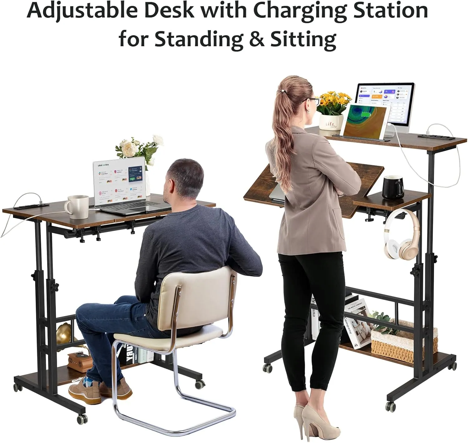 Hadulcet Mobile Standing Desk with Charging Station, Stand Up Laptop Desk Mobile Workstation for Home Office Classroom with Wheels, 31.49 x 23.6 in Rustic Brown