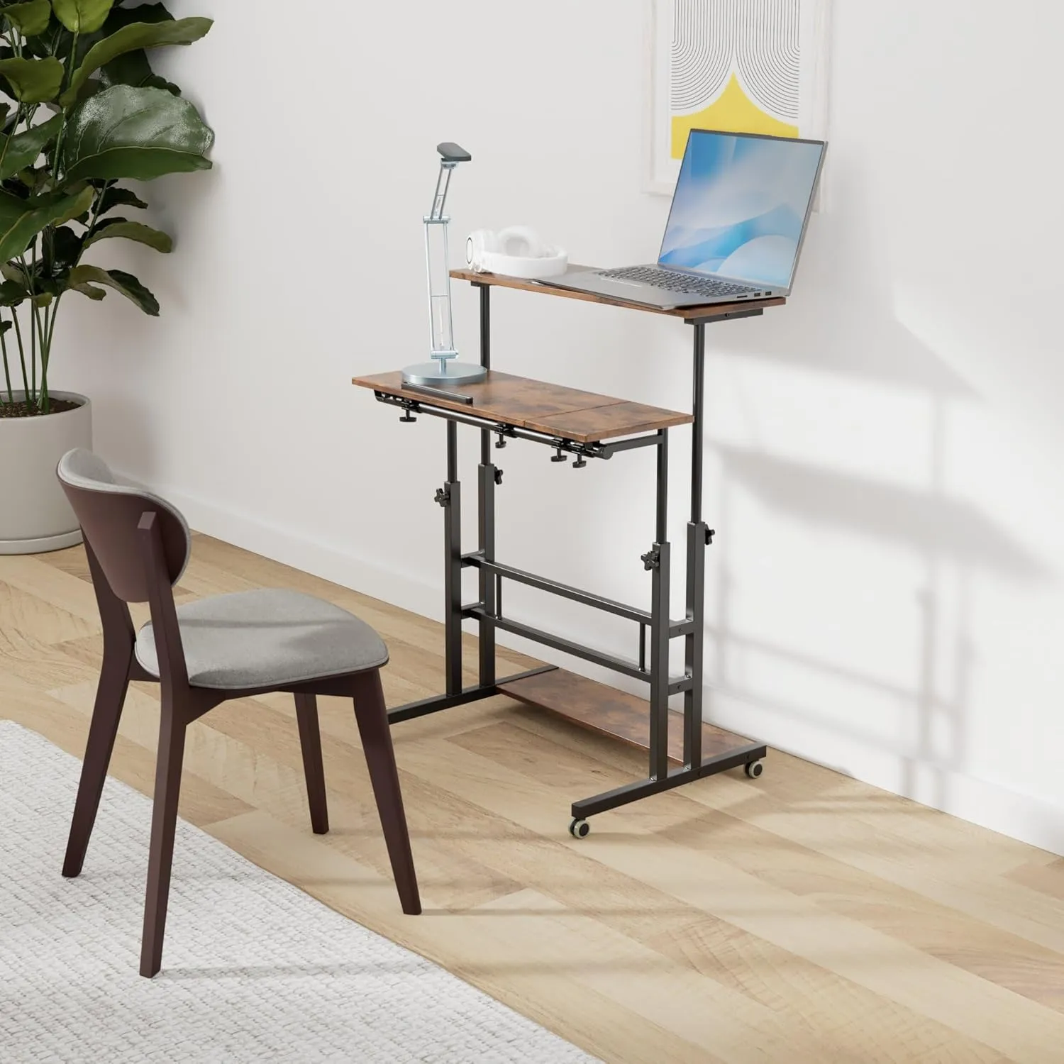 Hadulcet Mobile Standing Desk with Charging Station, Stand Up Laptop Desk Mobile Workstation for Home Office Classroom with Wheels, 31.49 x 23.6 in Rustic Brown