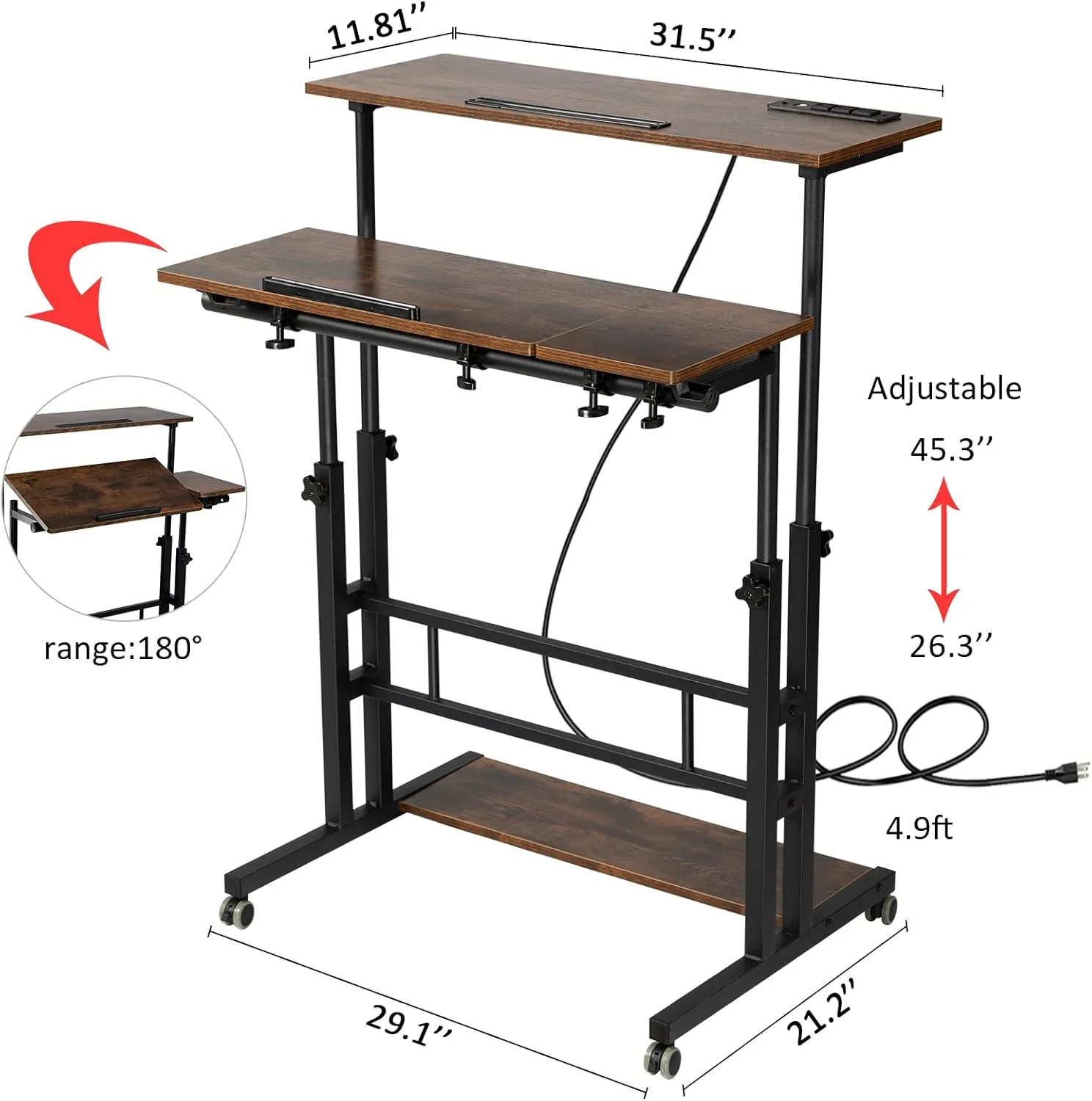 Hadulcet Mobile Standing Desk with Charging Station, Stand Up Laptop Desk Mobile Workstation for Home Office Classroom with Wheels, 31.49 x 23.6 in Rustic Brown