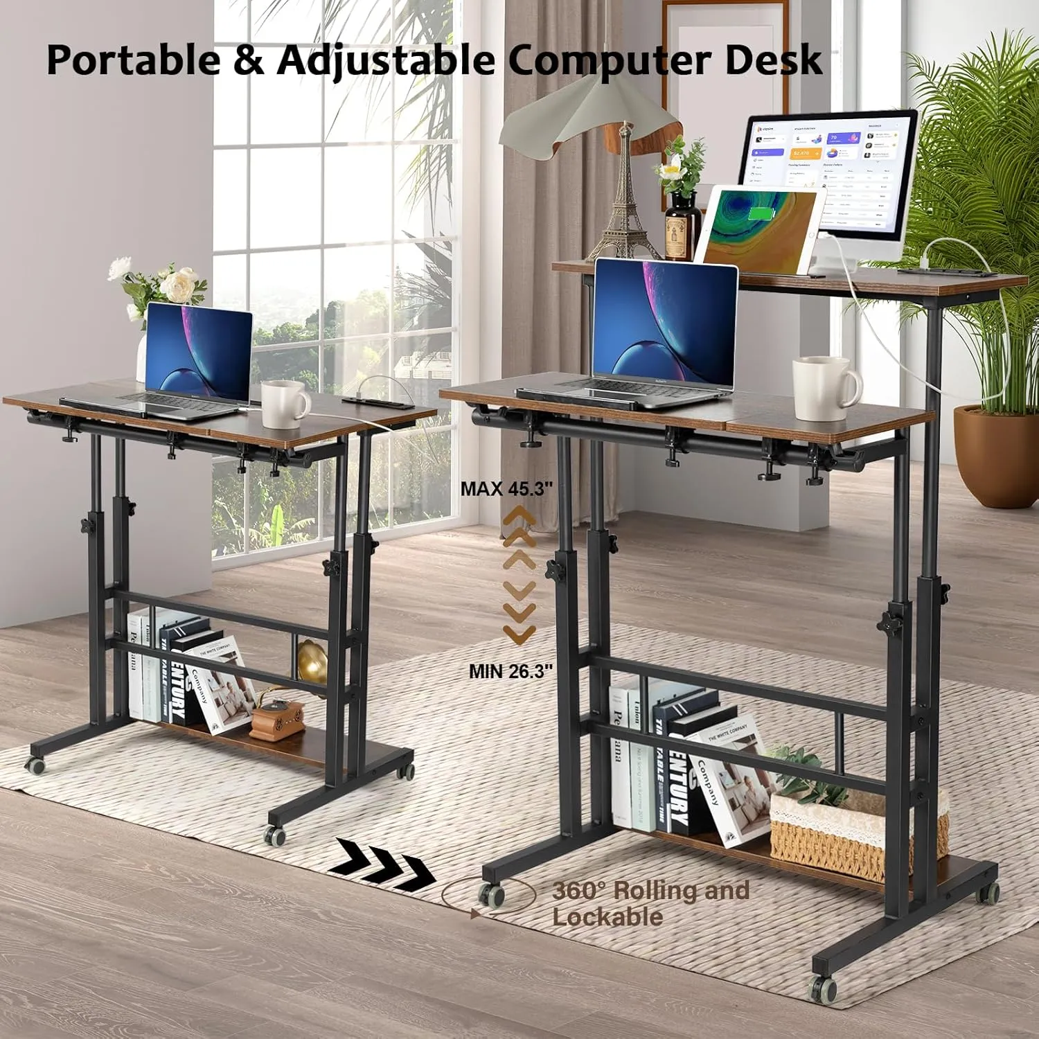 Hadulcet Mobile Standing Desk with Charging Station, Stand Up Laptop Desk Mobile Workstation for Home Office Classroom with Wheels, 31.49 x 23.6 in Rustic Brown