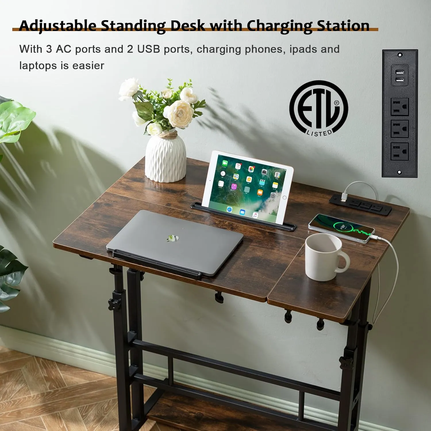 Hadulcet Mobile Standing Desk with Charging Station, Stand Up Laptop Desk Mobile Workstation for Home Office Classroom with Wheels, 31.49 x 23.6 in Rustic Brown