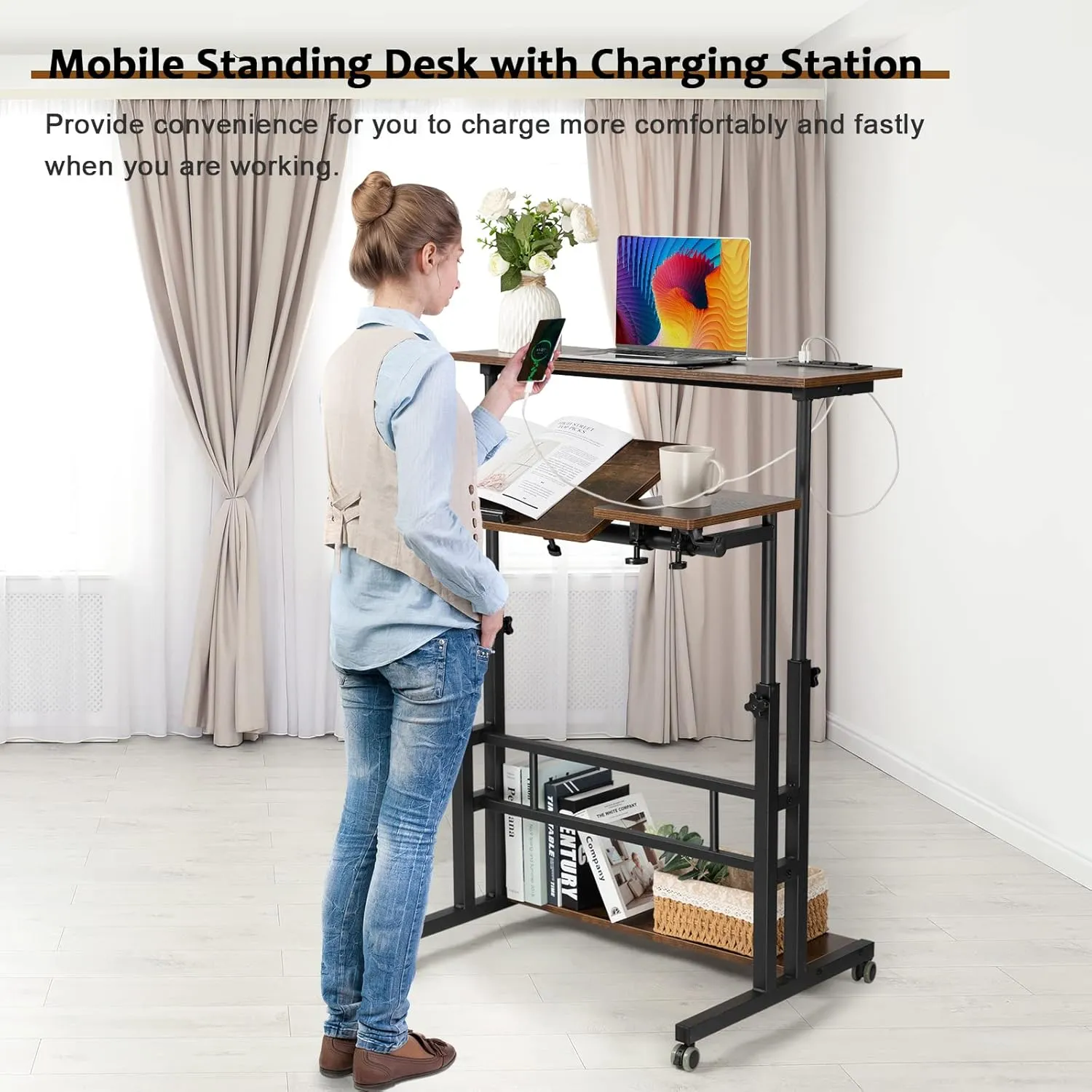 Hadulcet Mobile Standing Desk with Charging Station, Stand Up Laptop Desk Mobile Workstation for Home Office Classroom with Wheels, 31.49 x 23.6 in Rustic Brown