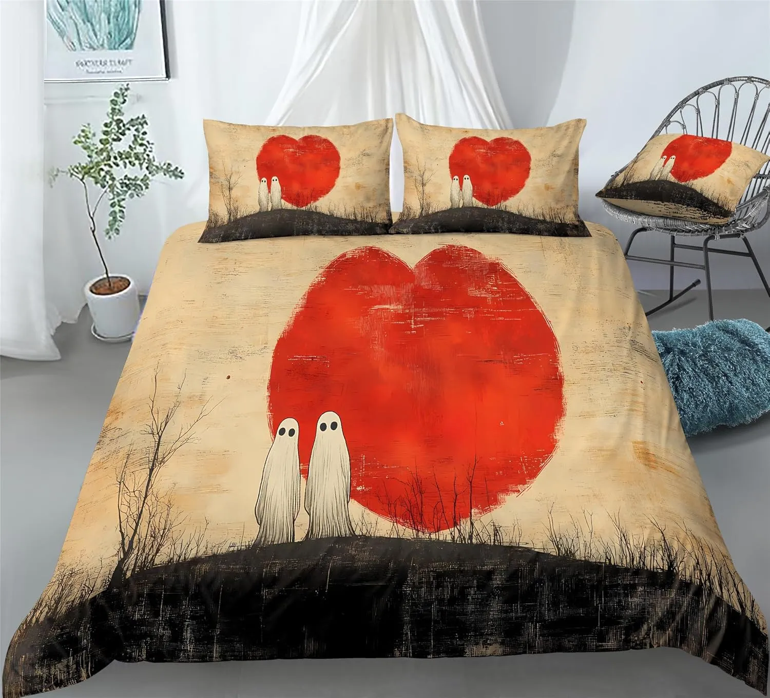 Halloween Night Ghostie Duvet Cover Set Fantasy Spooky Charming Ghost Bedding Girl Boy Kids Bed Sets 3/4PCS Quilt Covers/Sheets/Pillow ShamsTwin/Full/Queen/King (BTwin-172x218cm-3PCS)