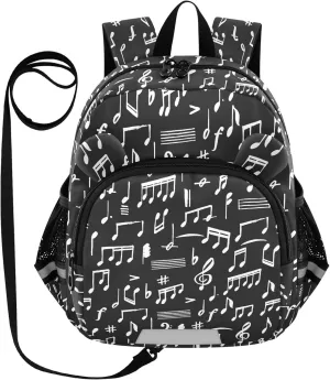 Hand Drawing Music Preschool Backpack Notes Black Daycare Bookbag School Backpack with Traction Rope for Kids 3-6
