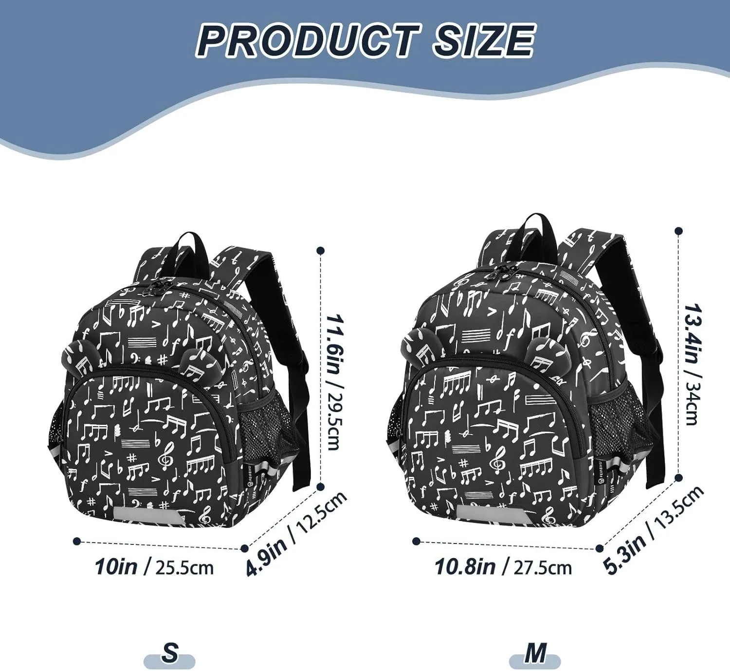 Hand Drawing Music Preschool Backpack Notes Black Daycare Bookbag School Backpack with Traction Rope for Kids 3-6