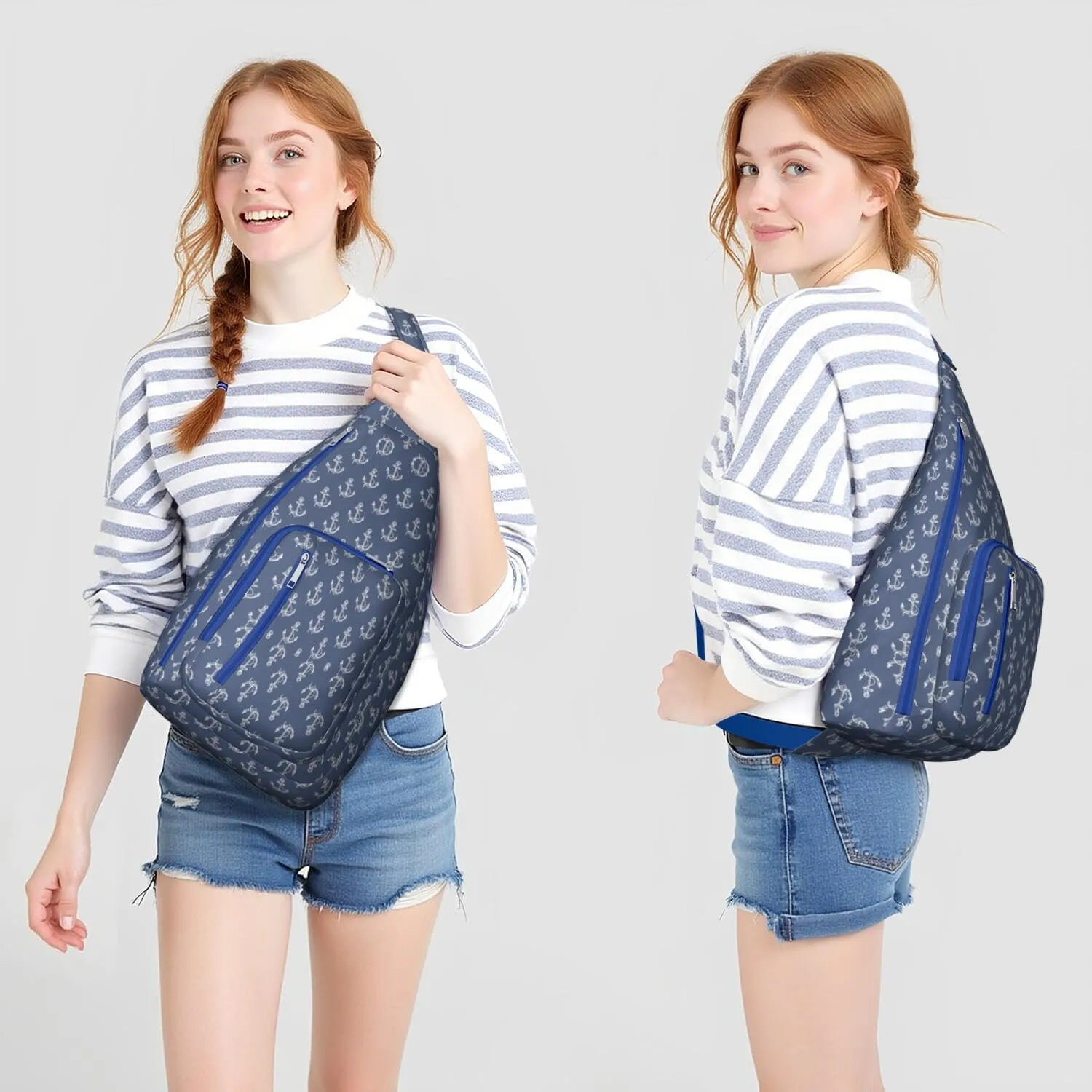 Hand Drawn Big Boat Anchor Blue Crossbody Bag Daypack for Women Men Lightweight Waterproof Sling Bag Backpack Hiking Cycling