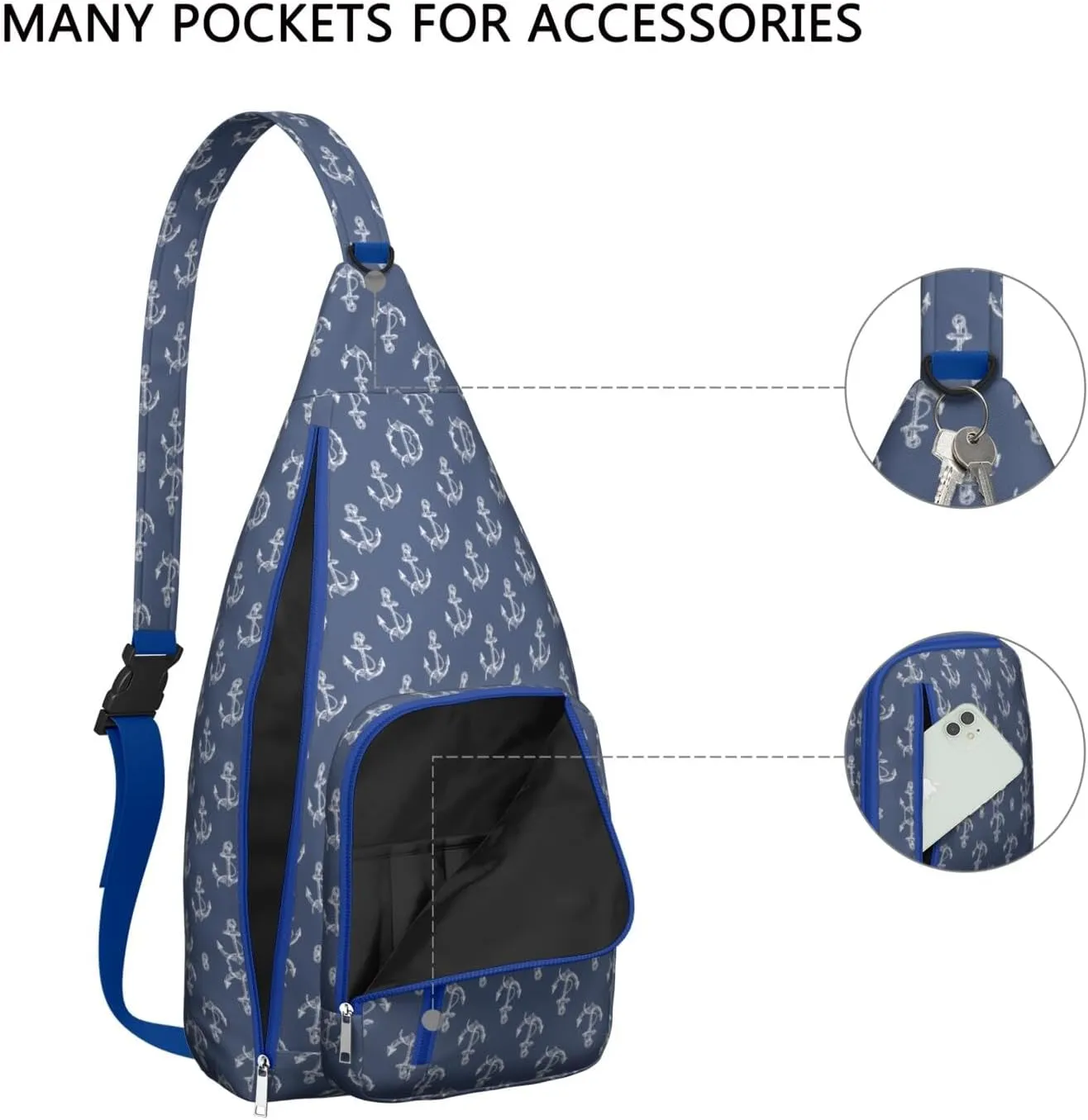 Hand Drawn Big Boat Anchor Blue Crossbody Bag Daypack for Women Men Lightweight Waterproof Sling Bag Backpack Hiking Cycling