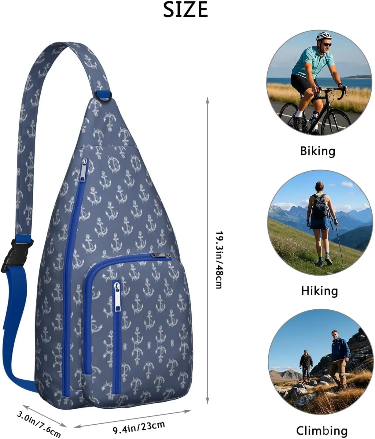 Hand Drawn Big Boat Anchor Blue Crossbody Bag Daypack for Women Men Lightweight Waterproof Sling Bag Backpack Hiking Cycling