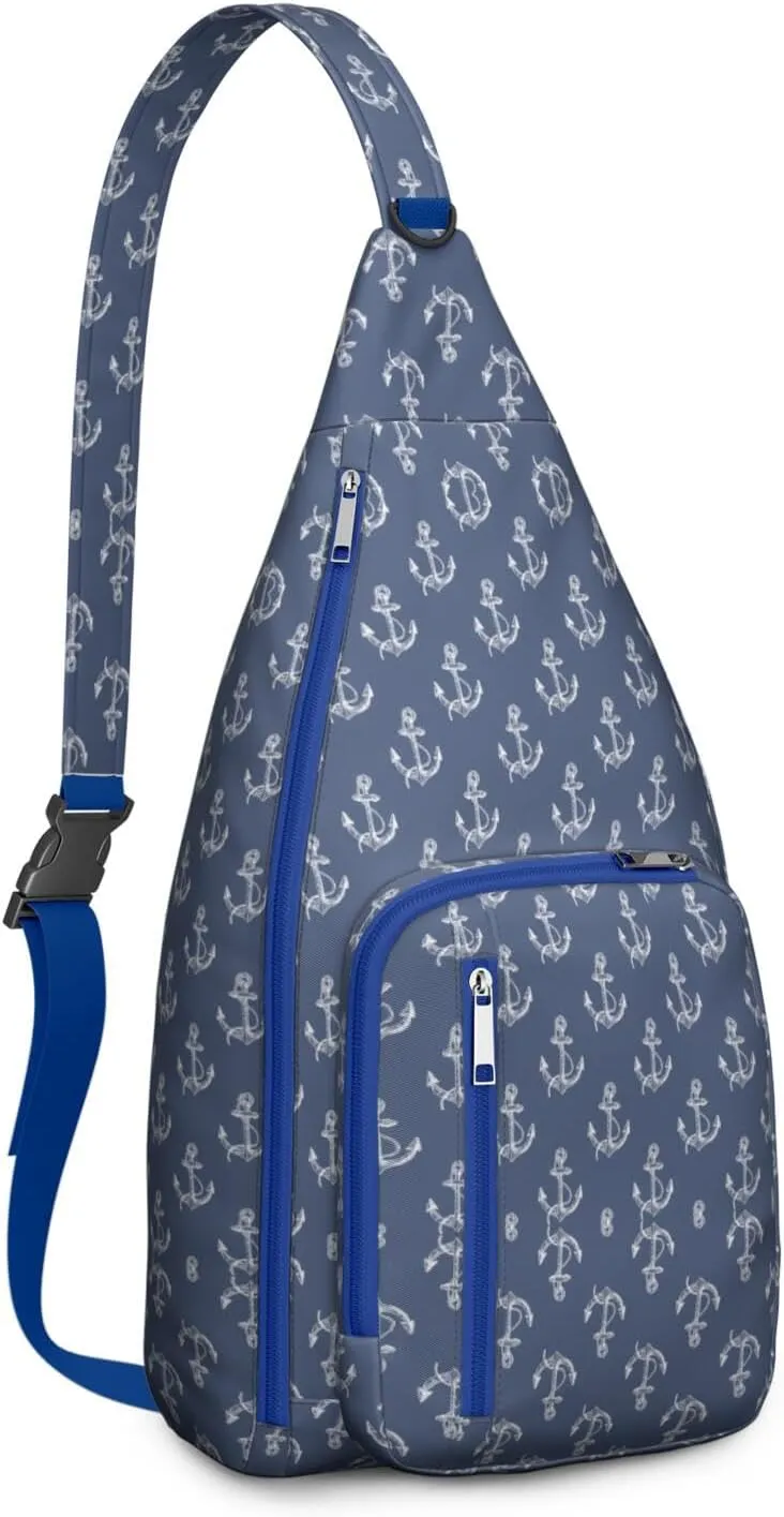 Hand Drawn Big Boat Anchor Blue Crossbody Bag Daypack for Women Men Lightweight Waterproof Sling Bag Backpack Hiking Cycling
