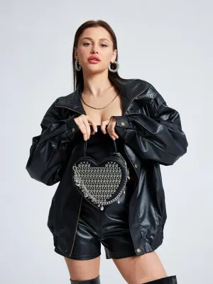 Handbag Crossbody bag, punk style double-sided rivets, cute heart-shaped single shoulder back, heart-shaped chain strap