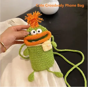 Handmade Crochet Funny Phone Purse, Big Mouth Design with Long Strap, Cotton Yarn Crossbody Phone Bag for Women, Unique Gift for Moms, Friends & Family (Green)