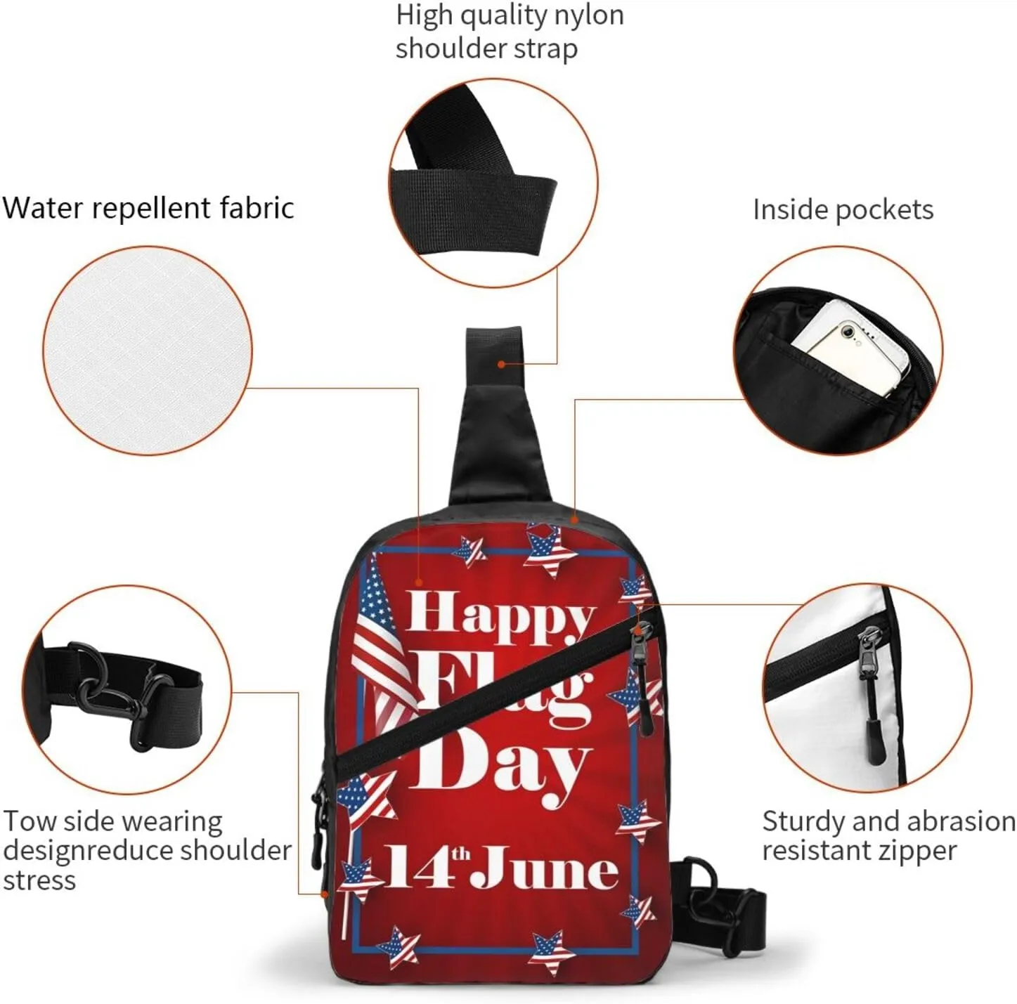 Happy Flag Day American Flag Portable Sling Bags Packable Crossbody Bag Foldable Sport Daypack Reusable Shoulder Backpack Diagonally Chest Bag for Workout Travel